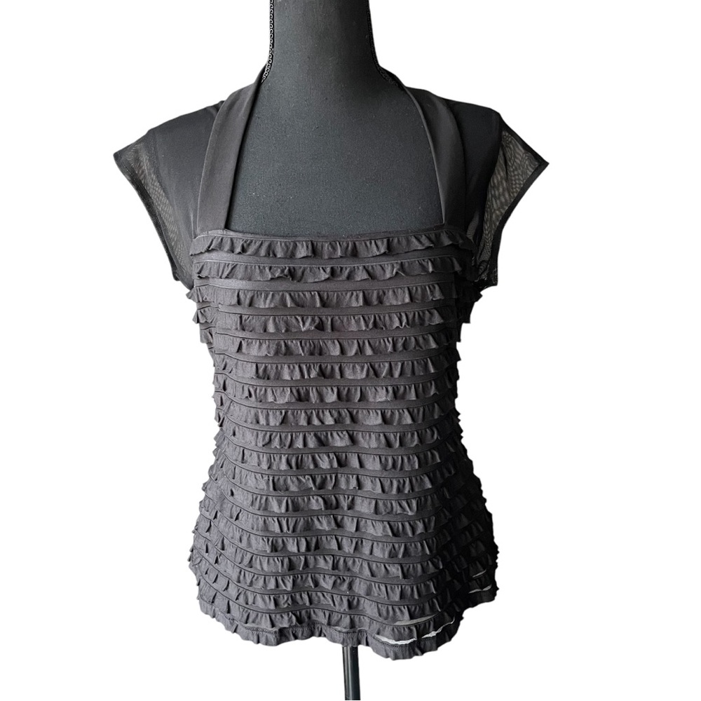 Vintage Connected Apparel Mesh Ruffle Party Top, Made in USA, Womens Size L